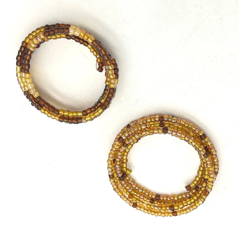 Glass Seed Bead Memory Wire Wrap Bracelet Set Amber Brown Iridescent Gold 2pc - Picture 2 of 3